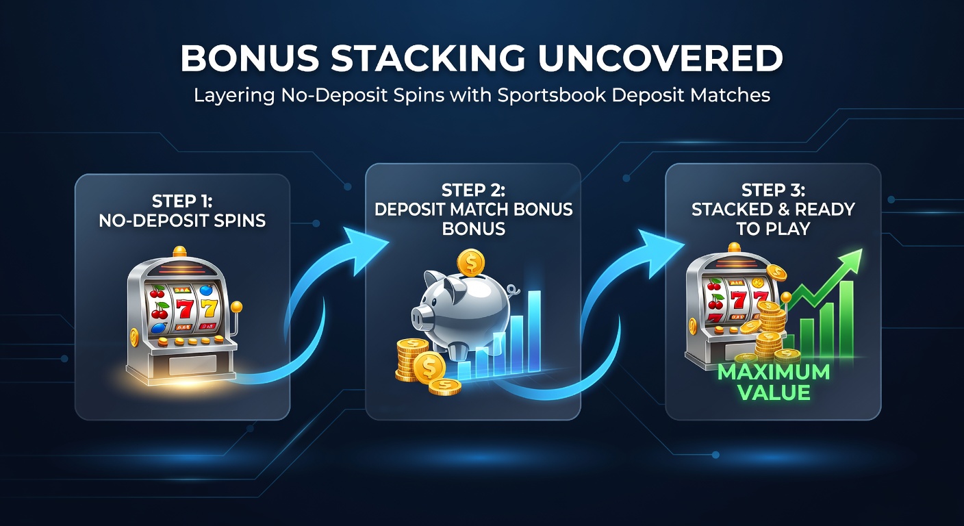 Detaillierte Infografik zu Bonus-Layering, mit Pfeilen von Free Spins zu Sportwetten-Matches und Umsatzpfaden