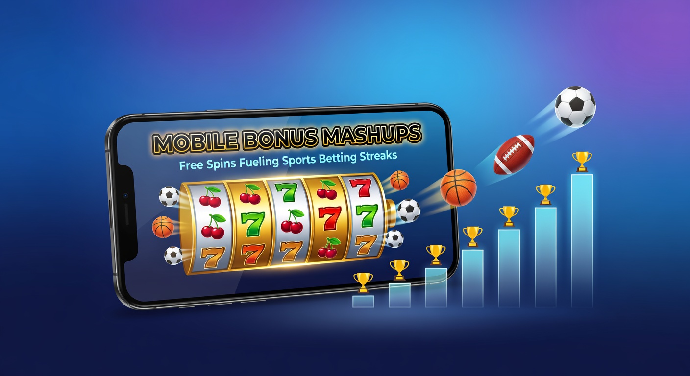 Smartphone mit Casino-App und Sportwetten-Overlay, das Free-Spins-Boni und Wettquoten kombiniert