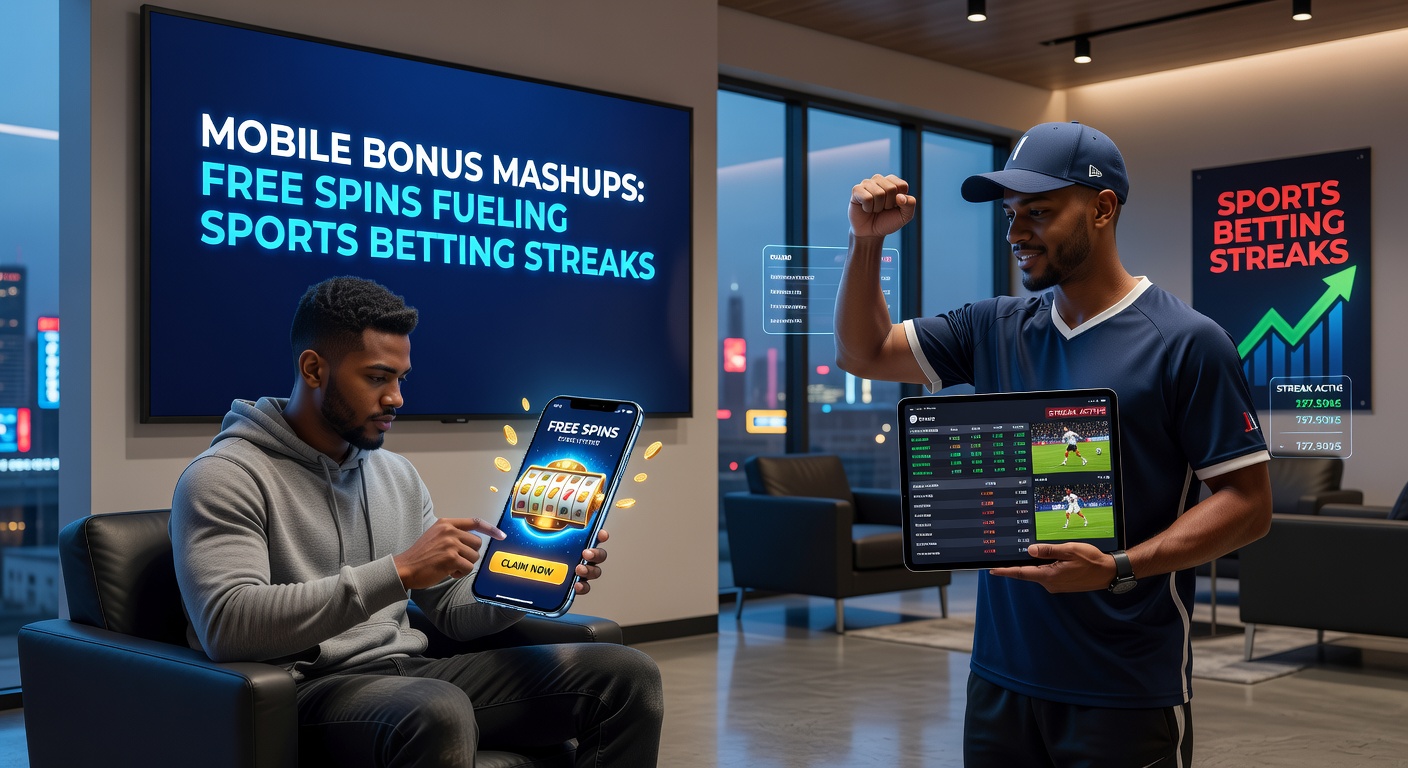 Grafik zeigt einen Flowchart von Free Spins zu Sportwetten-Gewinnen auf einem Tablet, mit Icons für Fußball, Slots und Boni